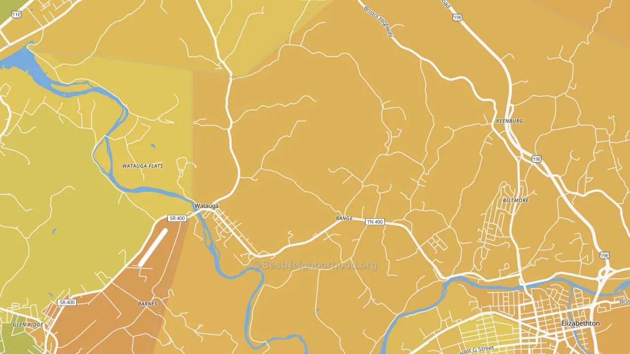 Map of the best neighborhoods in the 37694 area, with better matches in green and worse matches in red
