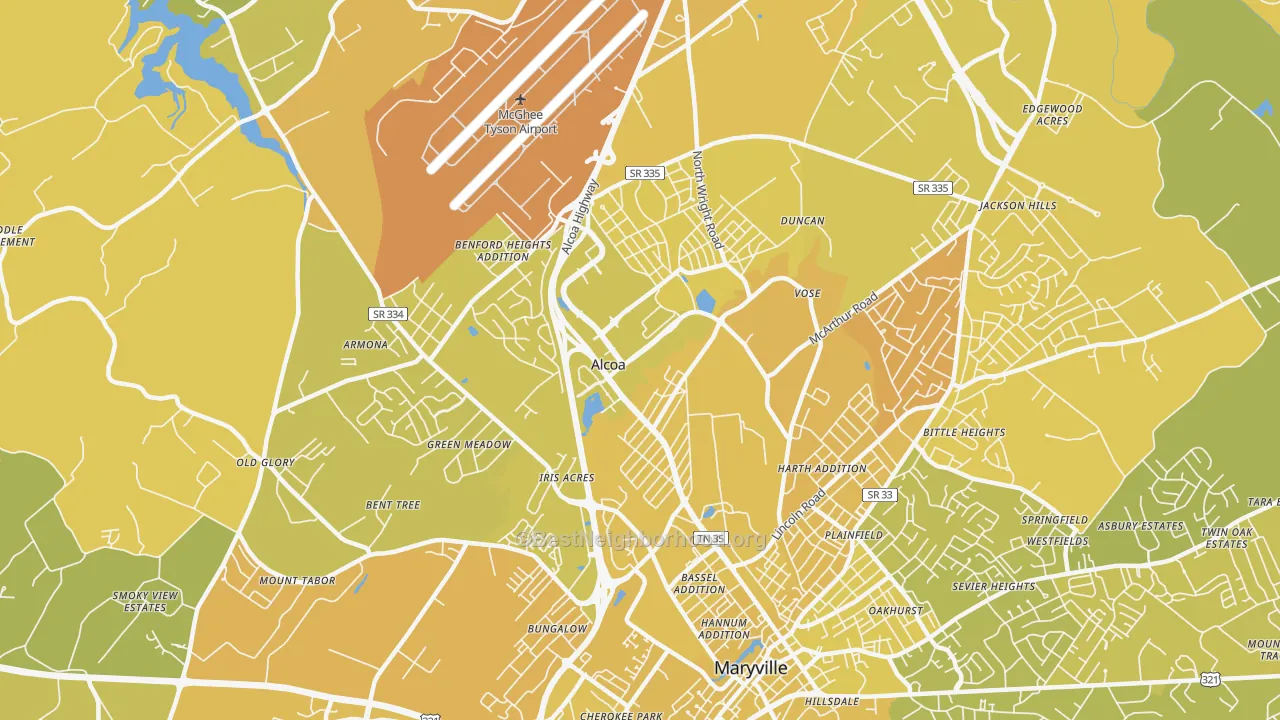 Map of the best neighborhoods in the 37701 area, with better matches in green and worse matches in red