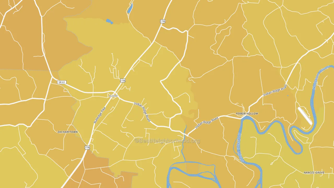 Map of the best neighborhoods in the 37709 area, with better matches in green and worse matches in red