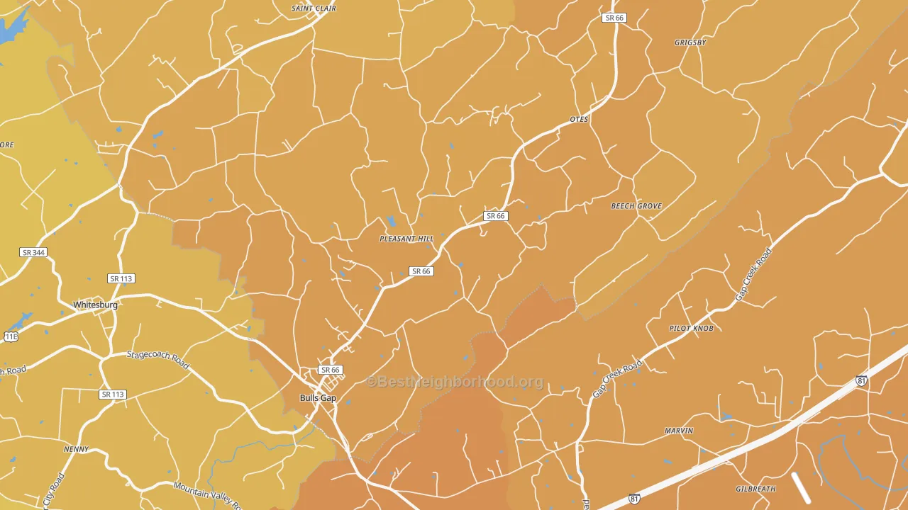 Map of the best neighborhoods in the 37711 area, with better matches in green and worse matches in red
