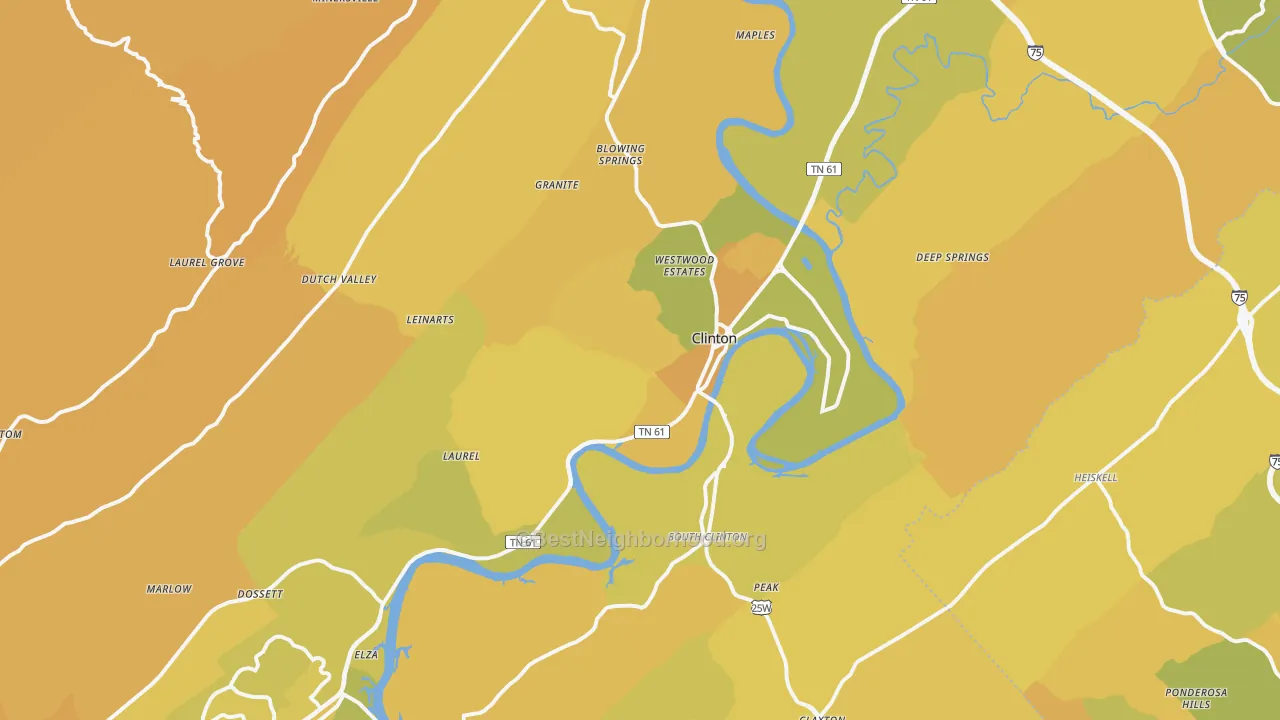 Map of the best neighborhoods in the 37716 area, with better matches in green and worse matches in red