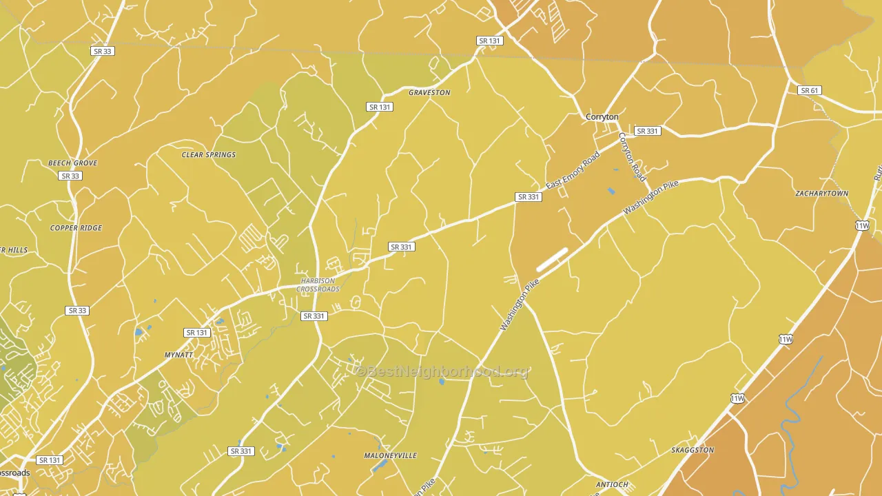Map of the best neighborhoods in the 37721 area, with better matches in green and worse matches in red