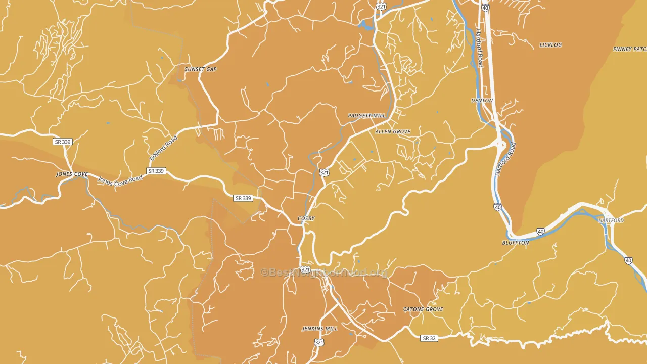 Map of the best neighborhoods in the 37722 area, with better matches in green and worse matches in red