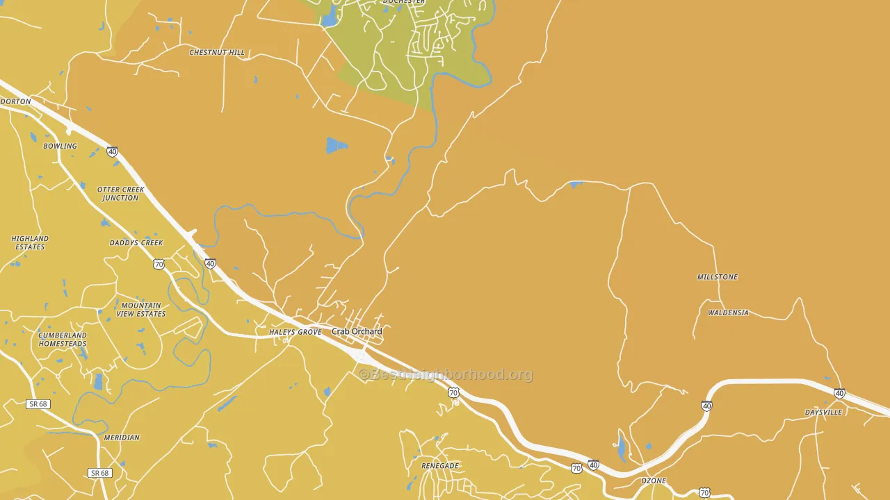Map of the best neighborhoods in the 37723 area, with better matches in green and worse matches in red