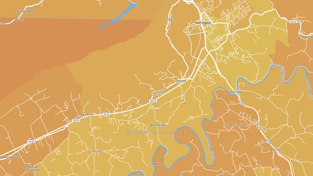 Map of the best neighborhoods in the 37724 area, with better matches in green and worse matches in red