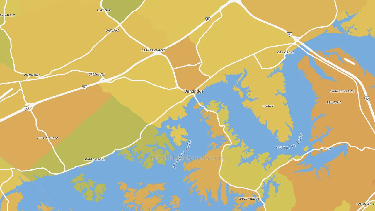 Map of the best neighborhoods in the 37725 area, with better matches in green and worse matches in red