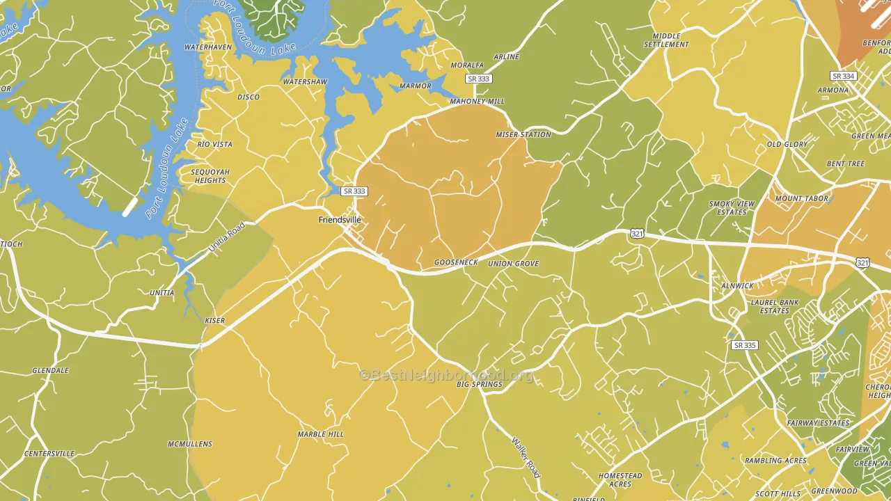 Map of the best neighborhoods in the 37737 area, with better matches in green and worse matches in red