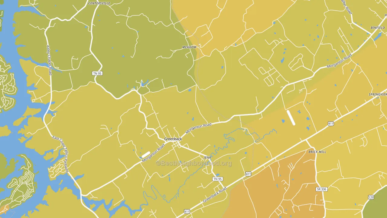 Map of the best neighborhoods in the 37742 area, with better matches in green and worse matches in red