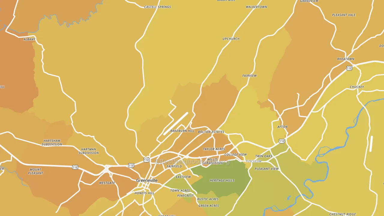 Map of the best neighborhoods in the 37745 area, with better matches in green and worse matches in red
