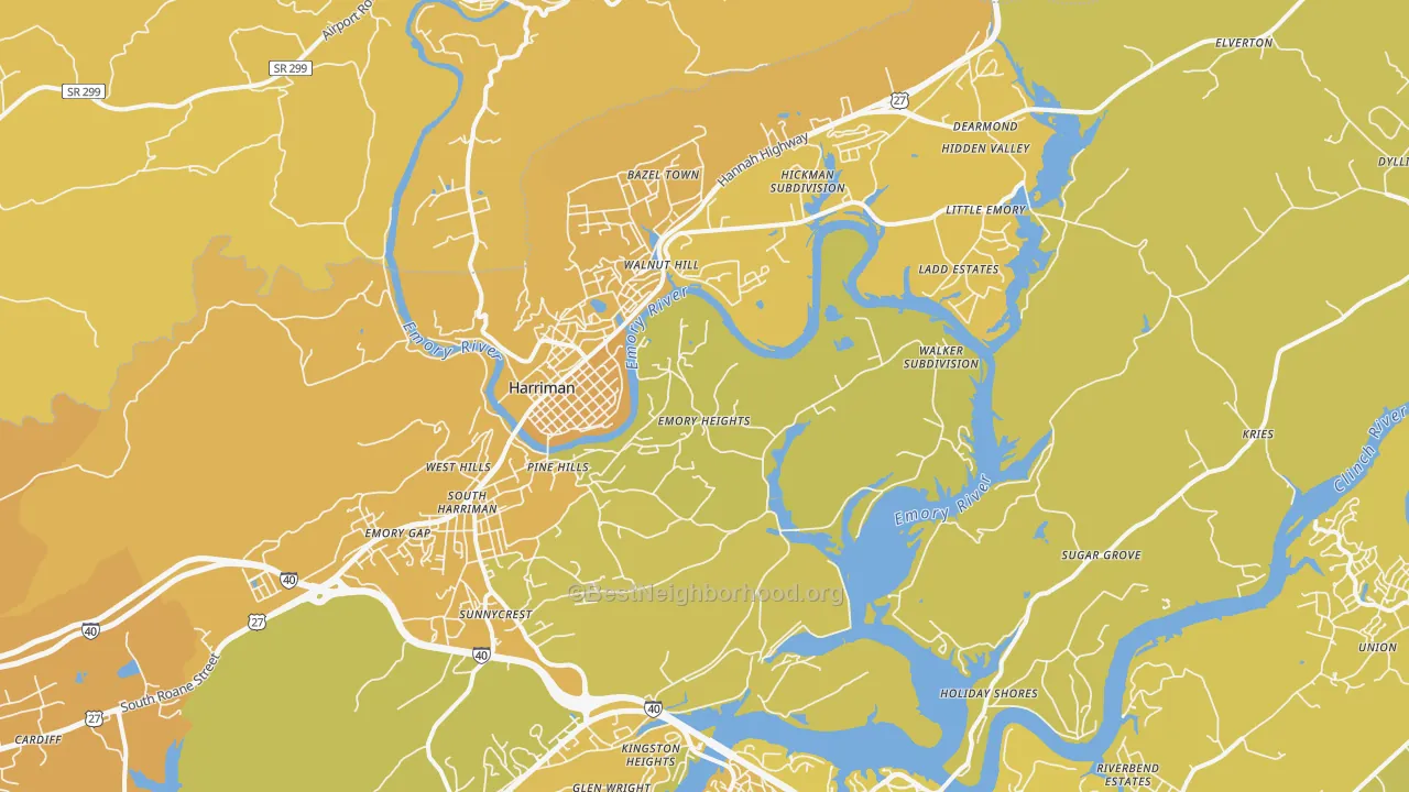 Map of the best neighborhoods in the 37748 area, with better matches in green and worse matches in red
