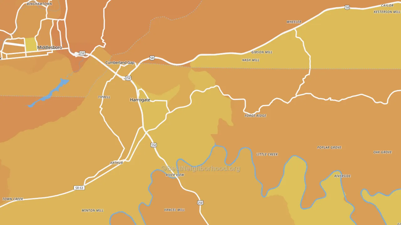 Map of the best neighborhoods in the 37752 area, with better matches in green and worse matches in red
