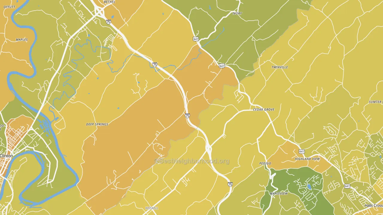 Map of the best neighborhoods in the 37754 area, with better matches in green and worse matches in red