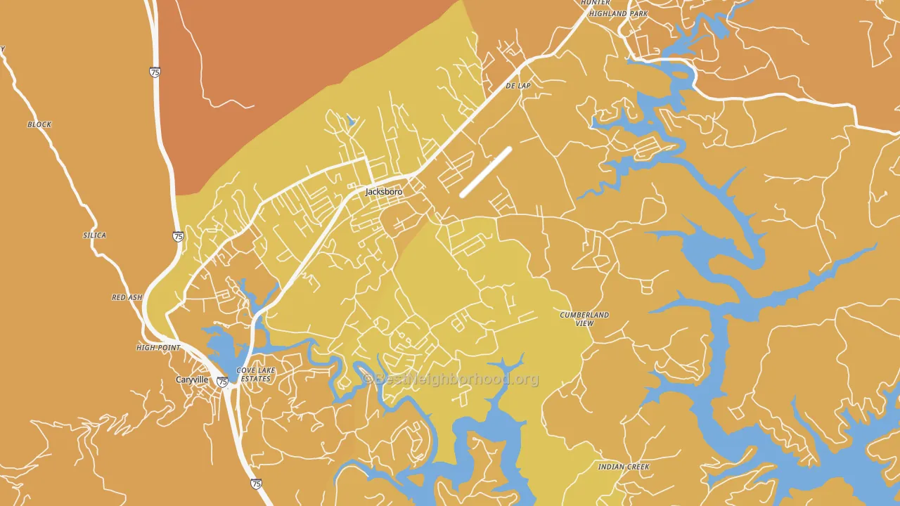 Map of the best neighborhoods in the 37757 area, with better matches in green and worse matches in red