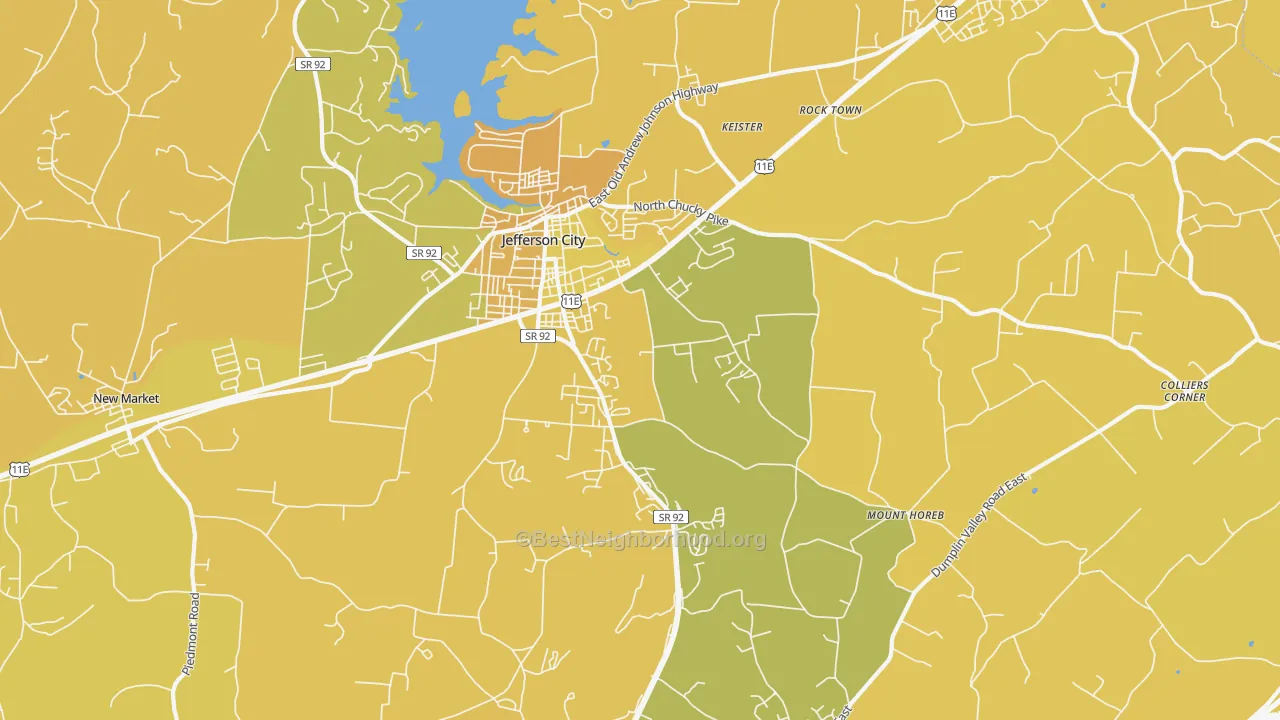 Map of the best neighborhoods in the 37760 area, with better matches in green and worse matches in red