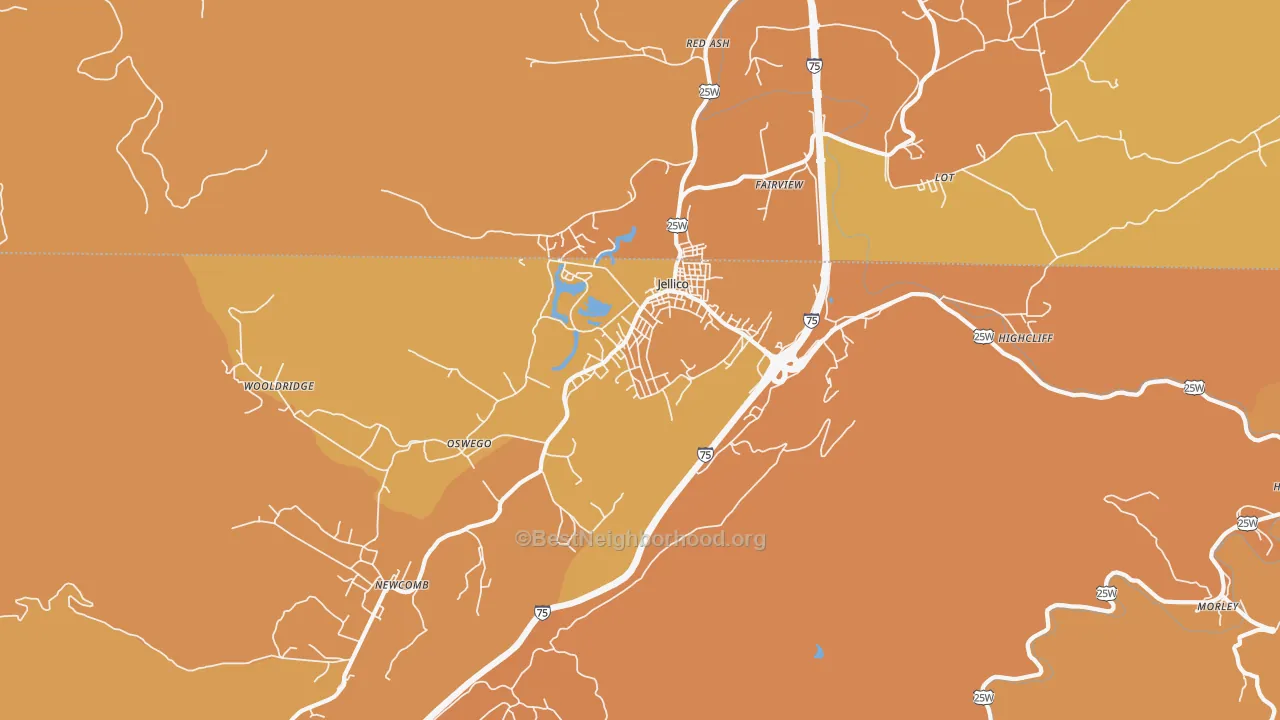 Map of the best neighborhoods in the 37762 area, with better matches in green and worse matches in red