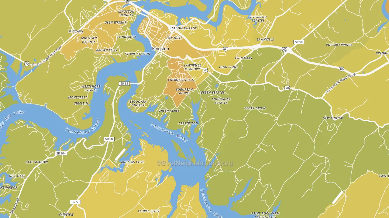 Map of the best neighborhoods in the 37763 area, with better matches in green and worse matches in red