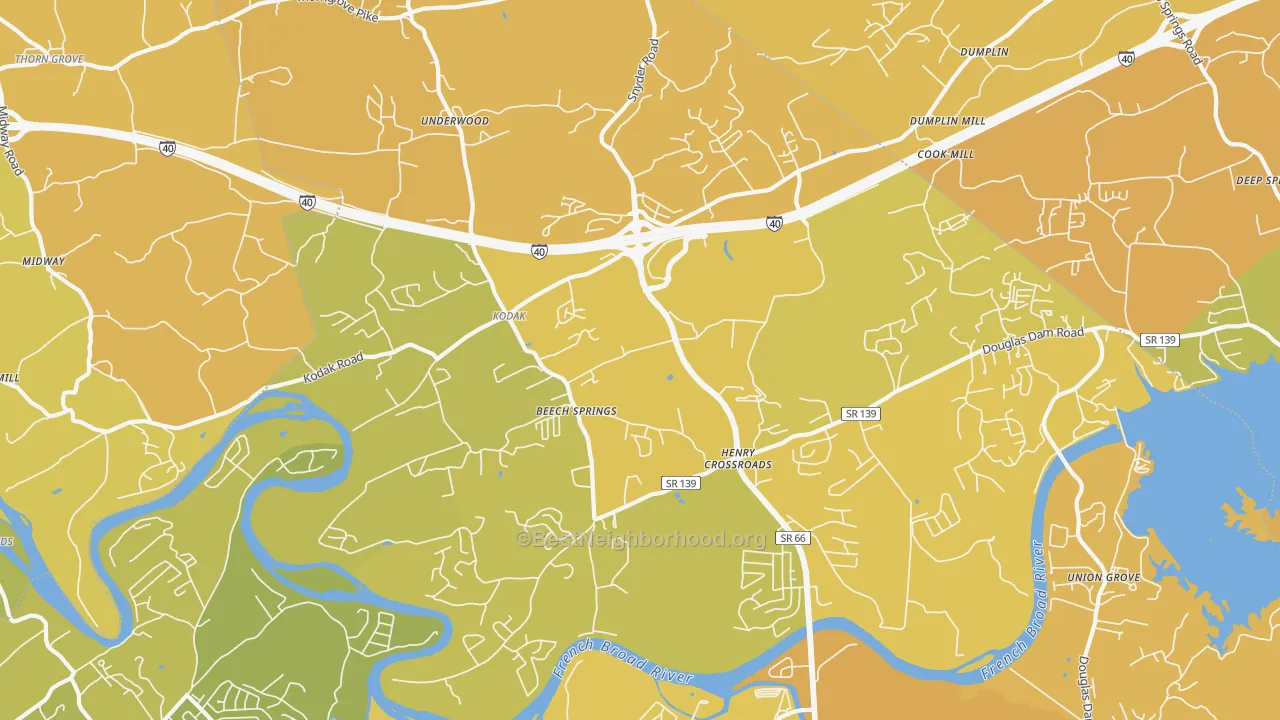 Map of the best neighborhoods in the 37764 area, with better matches in green and worse matches in red