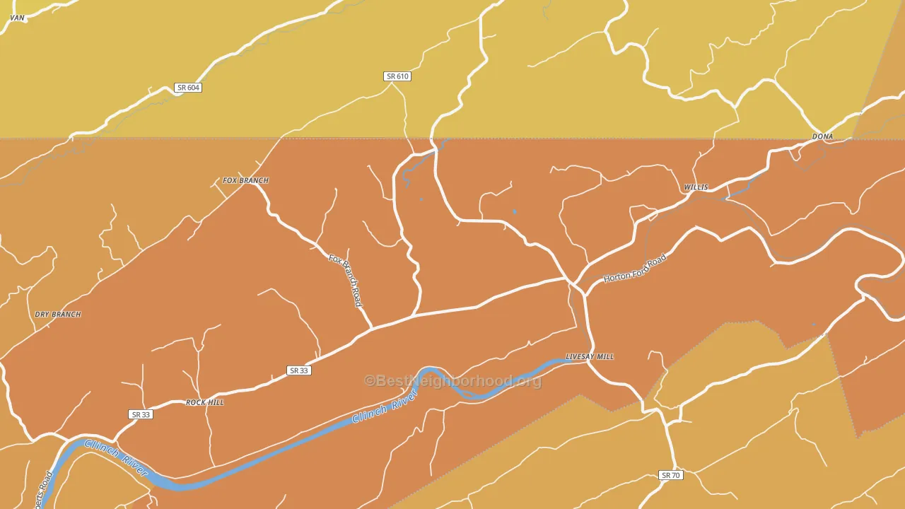 Map of the best neighborhoods in the 37765 area, with better matches in green and worse matches in red