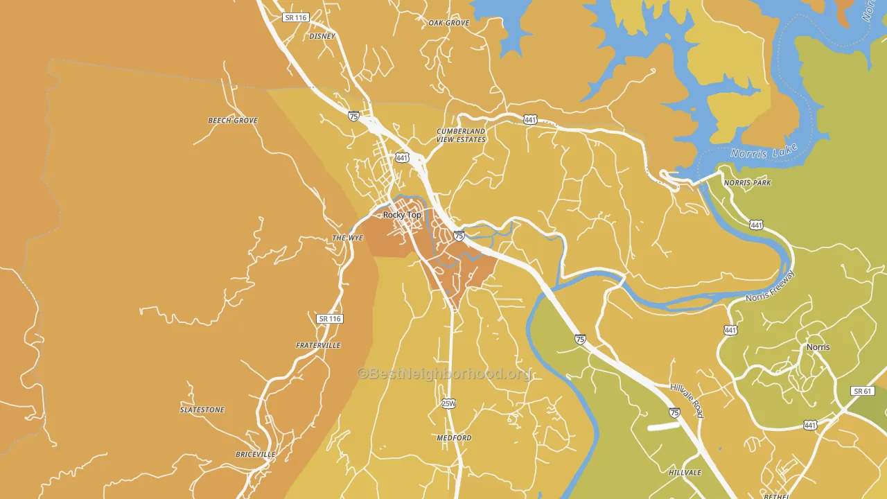 Map of the best neighborhoods in the 37769 area, with better matches in green and worse matches in red