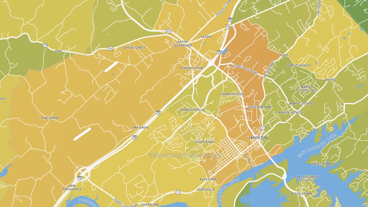 Map of the best neighborhoods in the 37771 area, with better matches in green and worse matches in red