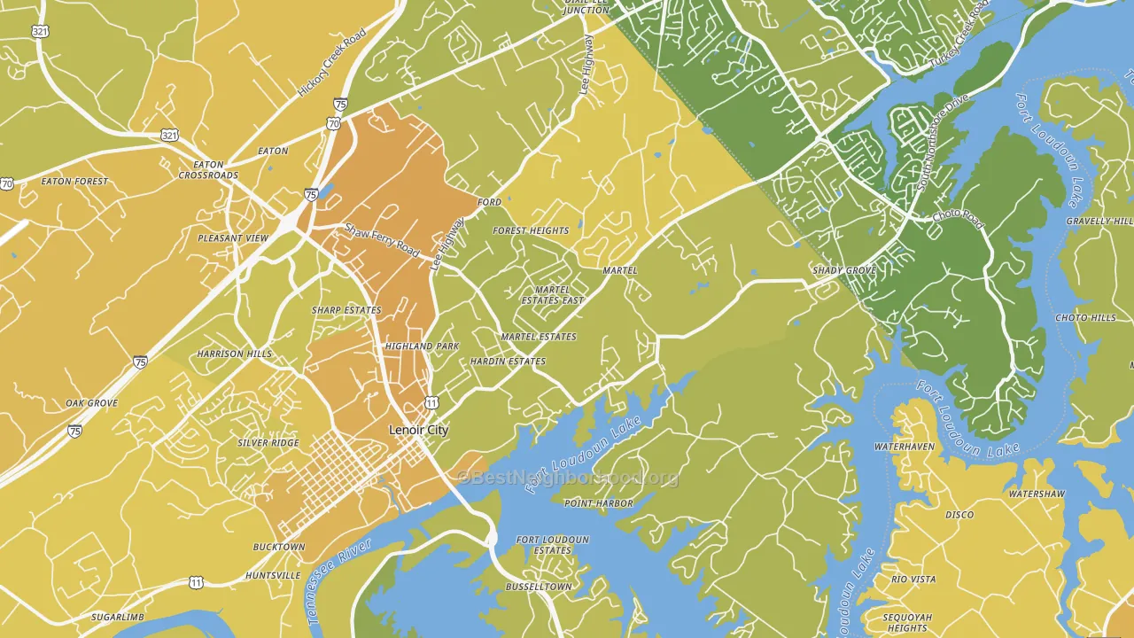 Map of the best neighborhoods in the 37772 area, with better matches in green and worse matches in red