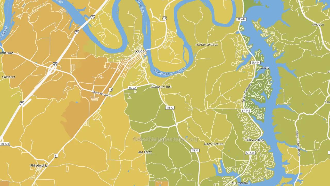 Map of the best neighborhoods in the 37774 area, with better matches in green and worse matches in red