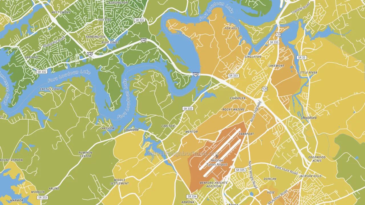 Map of the best neighborhoods in the 37777 area, with better matches in green and worse matches in red