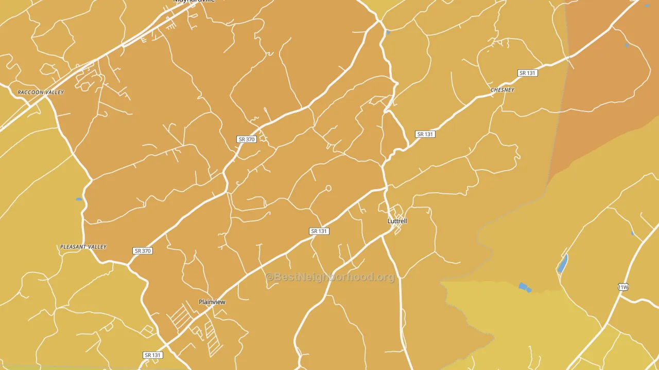 Map of the best neighborhoods in the 37779 area, with better matches in green and worse matches in red