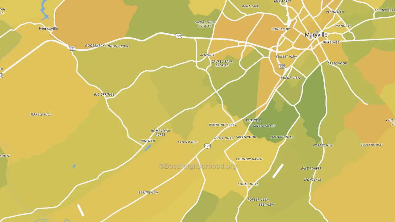 Map of the best neighborhoods in the 37801 area, with better matches in green and worse matches in red