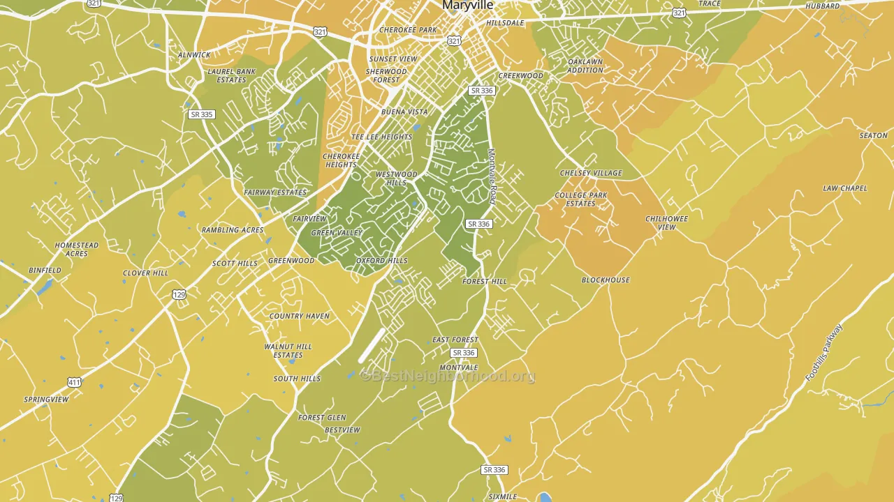 Map of the best neighborhoods in the 37803 area, with better matches in green and worse matches in red
