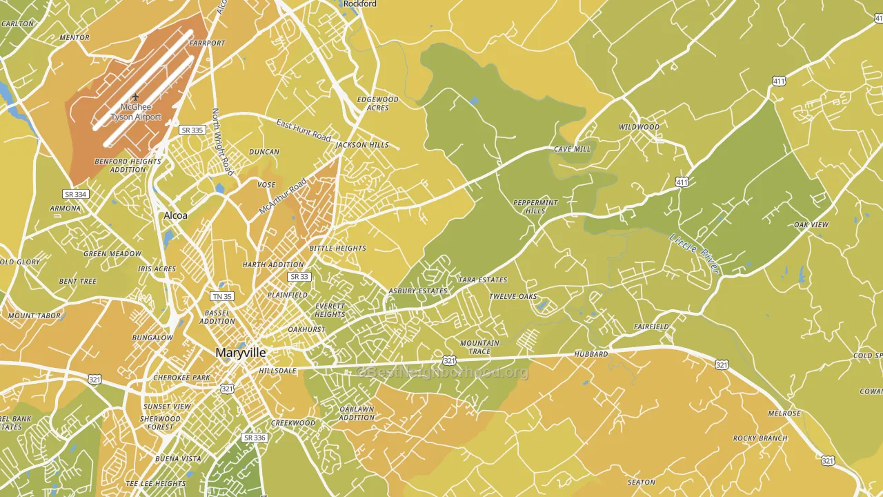 Map of the best neighborhoods in the 37804 area, with better matches in green and worse matches in red