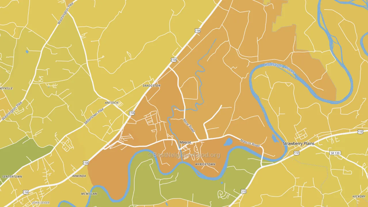Map of the best neighborhoods in the 37806 area, with better matches in green and worse matches in red