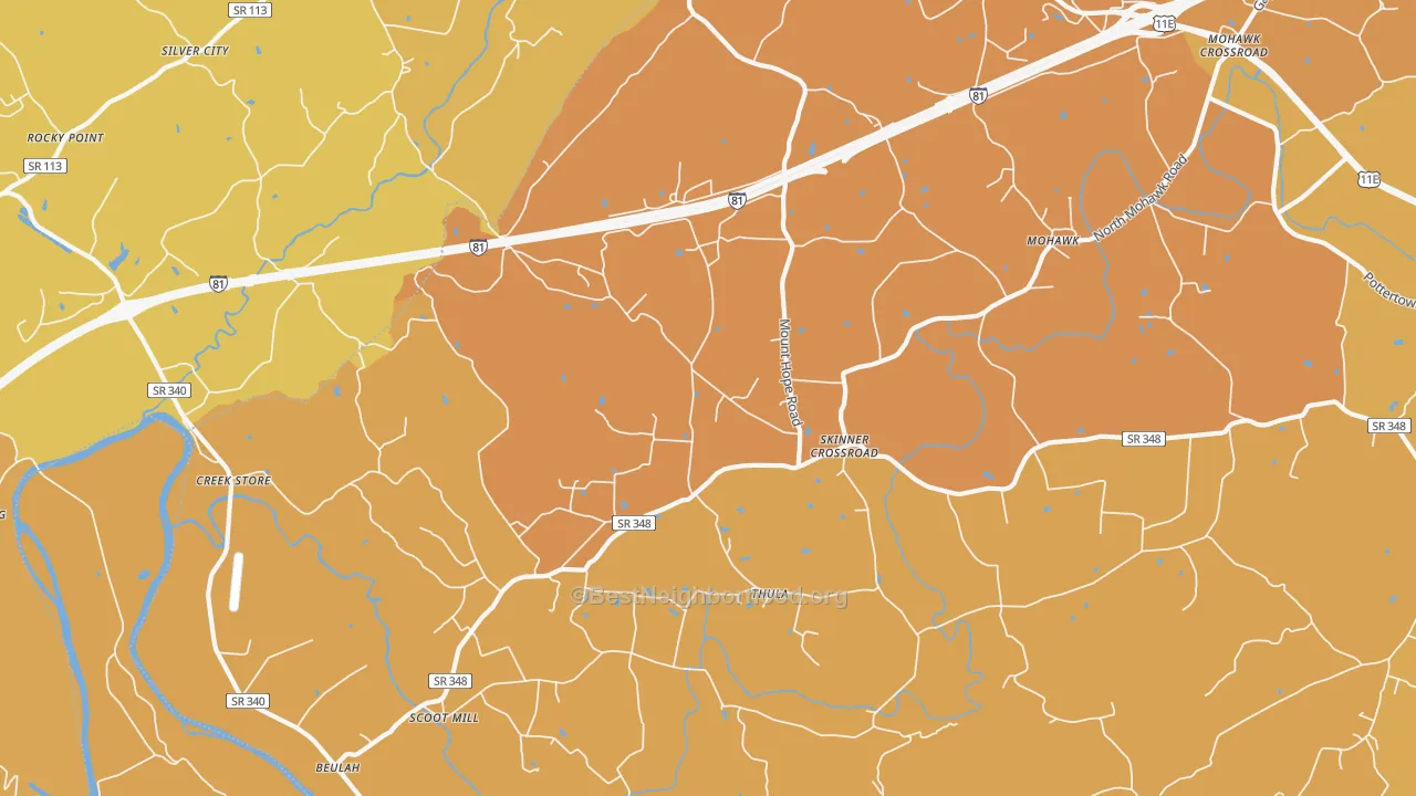 Map of the best neighborhoods in the 37810 area, with better matches in green and worse matches in red