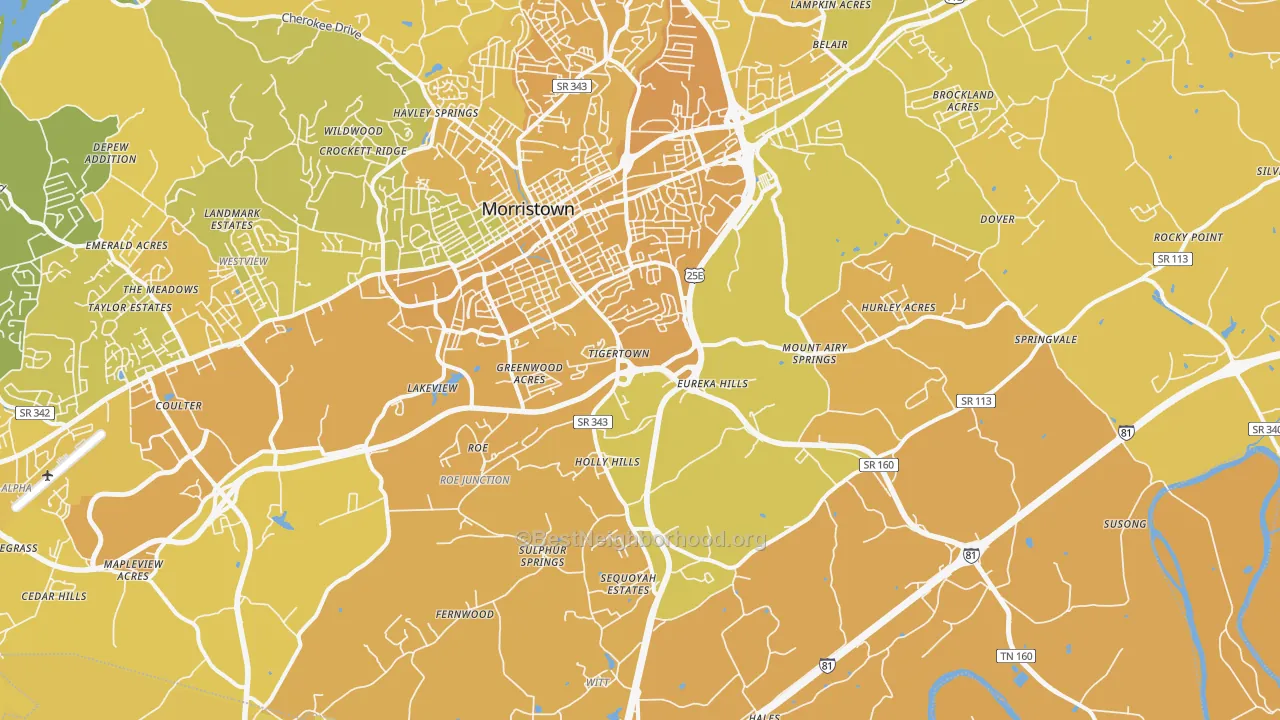 Map of the best neighborhoods in the 37813 area, with better matches in green and worse matches in red