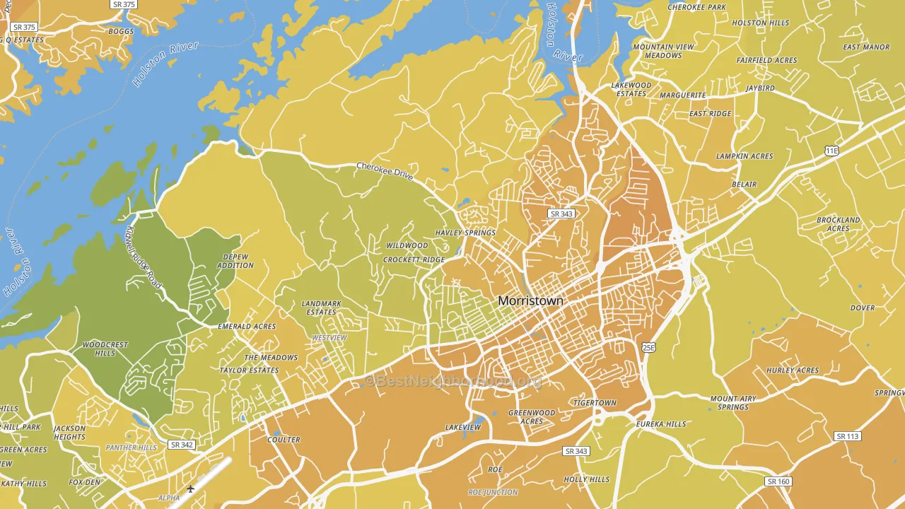 Map of the best neighborhoods in the 37814 area, with better matches in green and worse matches in red