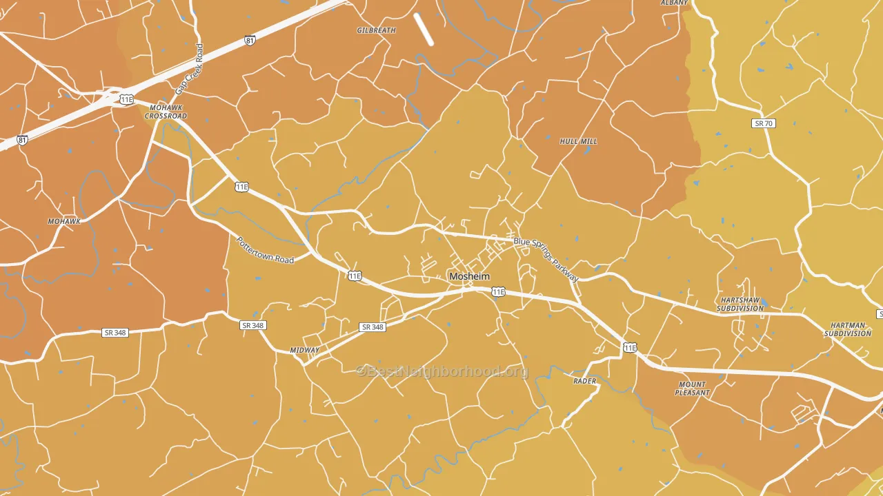 Map of the best neighborhoods in the 37818 area, with better matches in green and worse matches in red