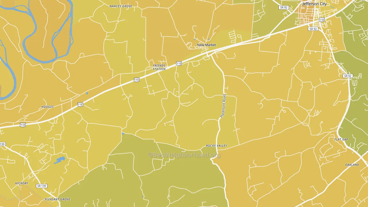Map of the best neighborhoods in the 37820 area, with better matches in green and worse matches in red