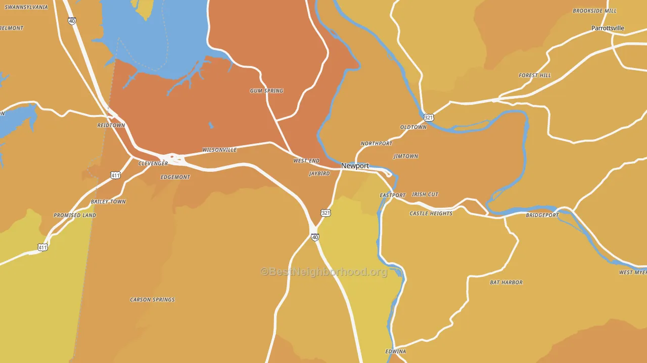 Map of the best neighborhoods in the 37821 area, with better matches in green and worse matches in red