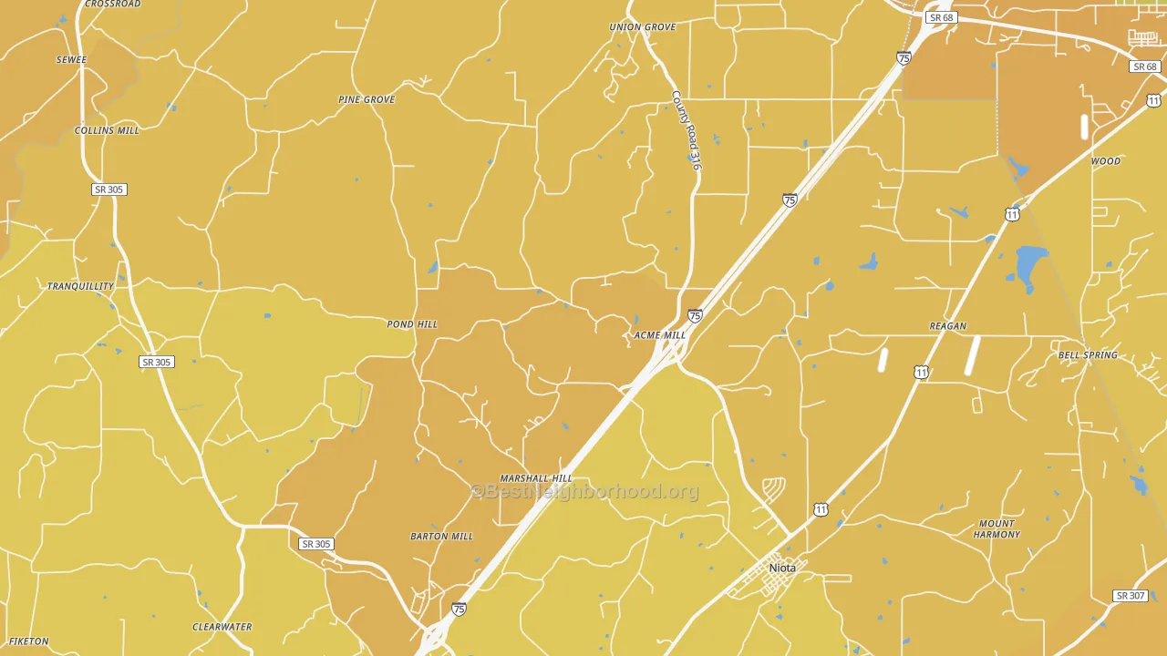 Map of the best neighborhoods in the 37826 area, with better matches in green and worse matches in red