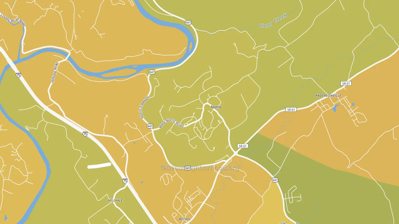 Map of the best neighborhoods in the 37828 area, with better matches in green and worse matches in red