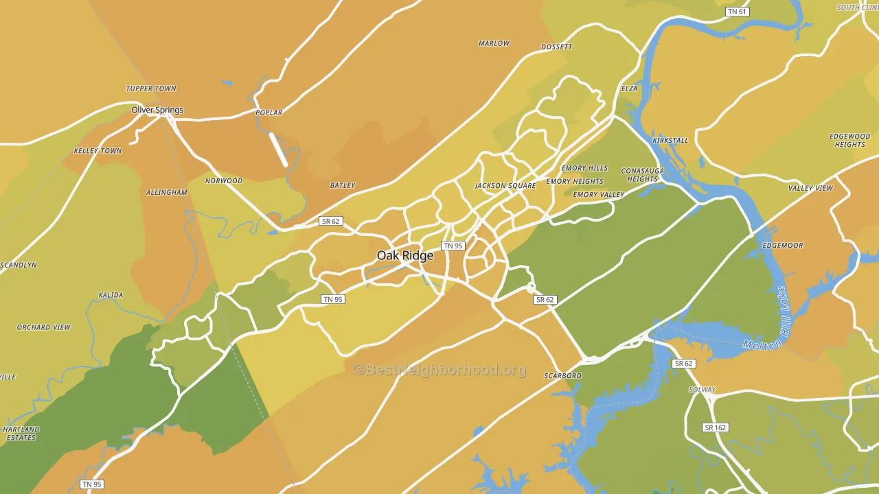 Map of the best neighborhoods in the 37830 area, with better matches in green and worse matches in red