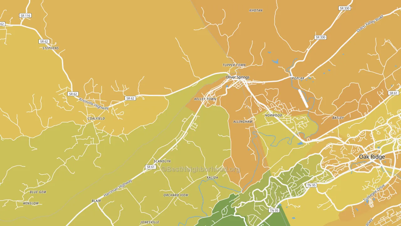 Map of the best neighborhoods in the 37840 area, with better matches in green and worse matches in red