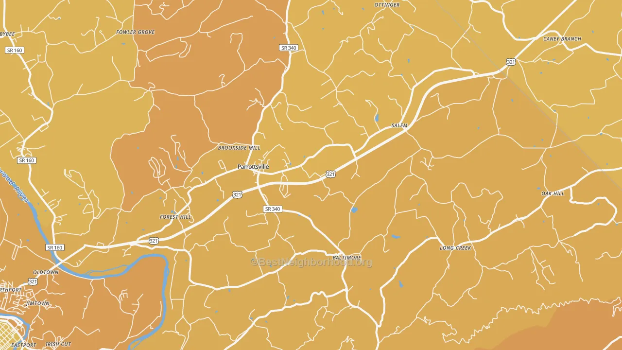 Map of the best neighborhoods in the 37843 area, with better matches in green and worse matches in red