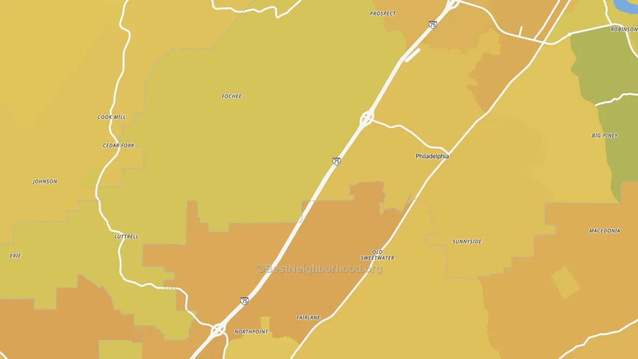 Map of the best neighborhoods in the 37846 area, with better matches in green and worse matches in red