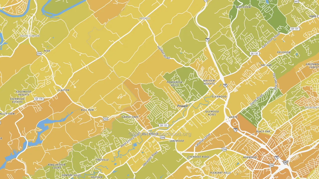 Map of the best neighborhoods in the 37849 area, with better matches in green and worse matches in red