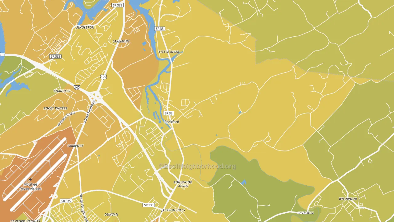 Map of the best neighborhoods in the 37853 area, with better matches in green and worse matches in red