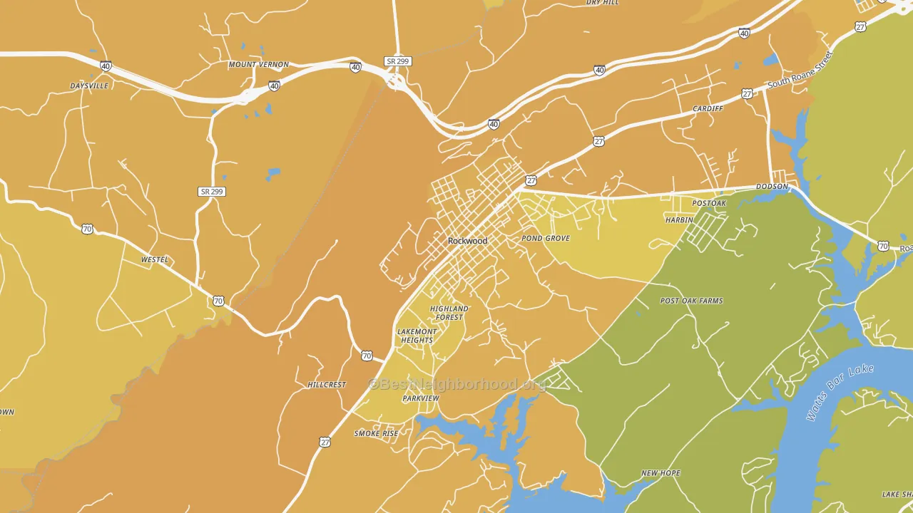Map of the best neighborhoods in the 37854 area, with better matches in green and worse matches in red