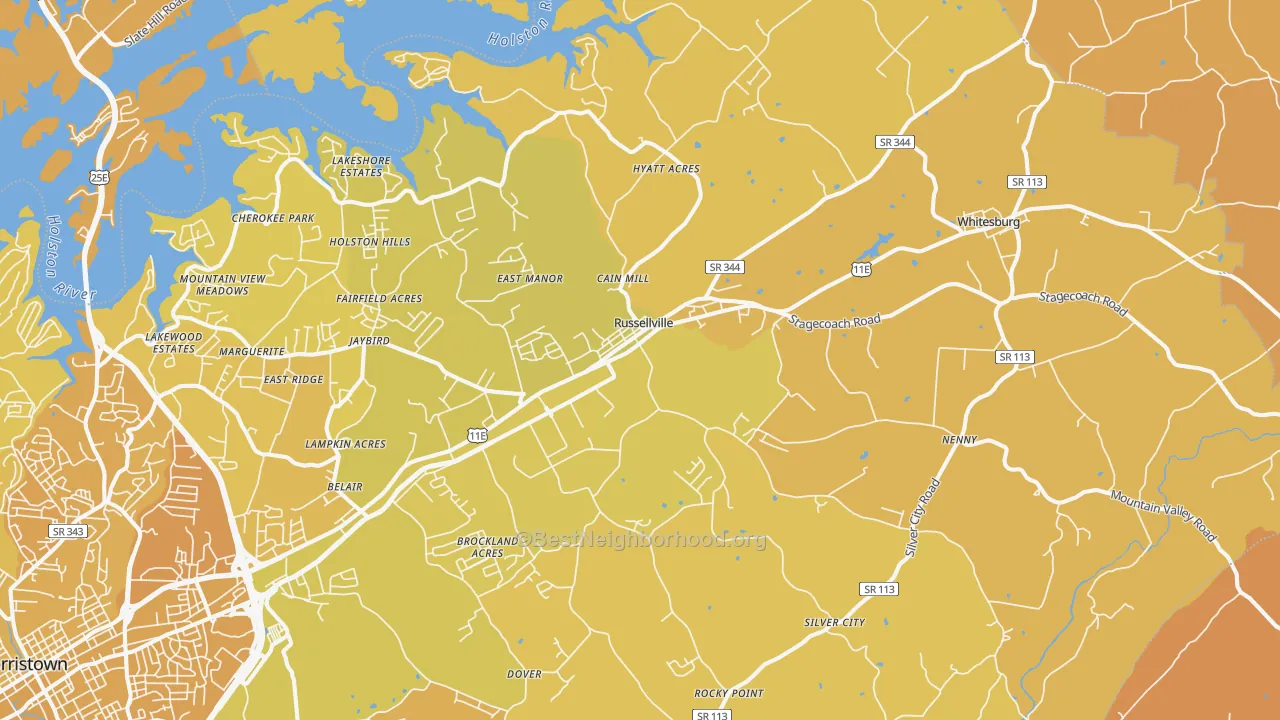 Map of the best neighborhoods in the 37860 area, with better matches in green and worse matches in red