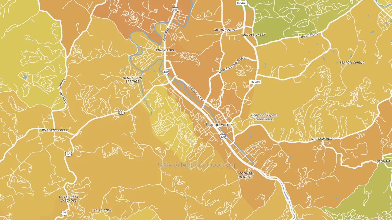 Map of the best neighborhoods in the 37863 area, with better matches in green and worse matches in red