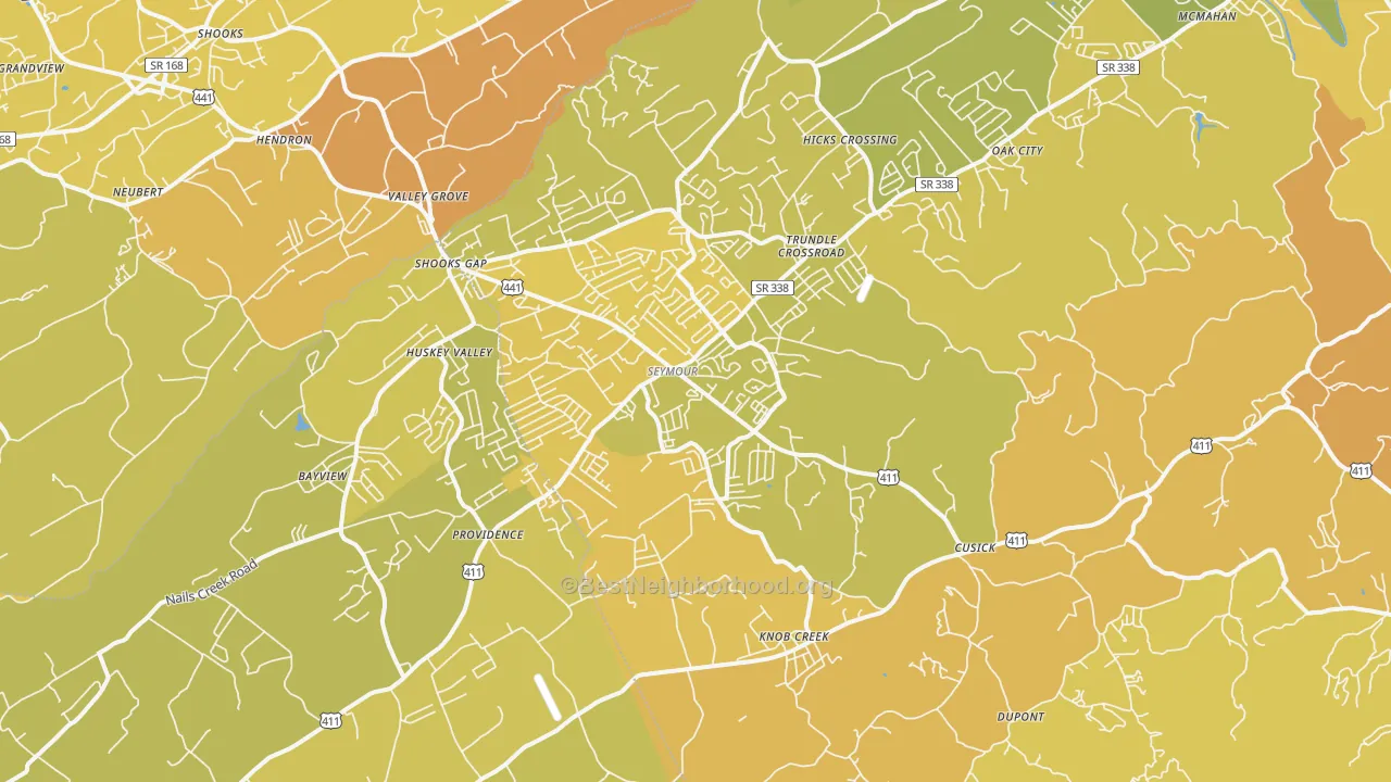 Map of the best neighborhoods in the 37865 area, with better matches in green and worse matches in red